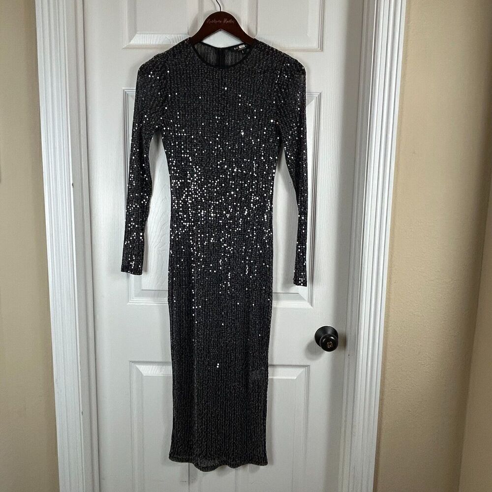 Rachel Roy Collection Women Sz S Dress Sequin Crew Neck Long Sleeves Mesh Sheer - Picture 2 of 12